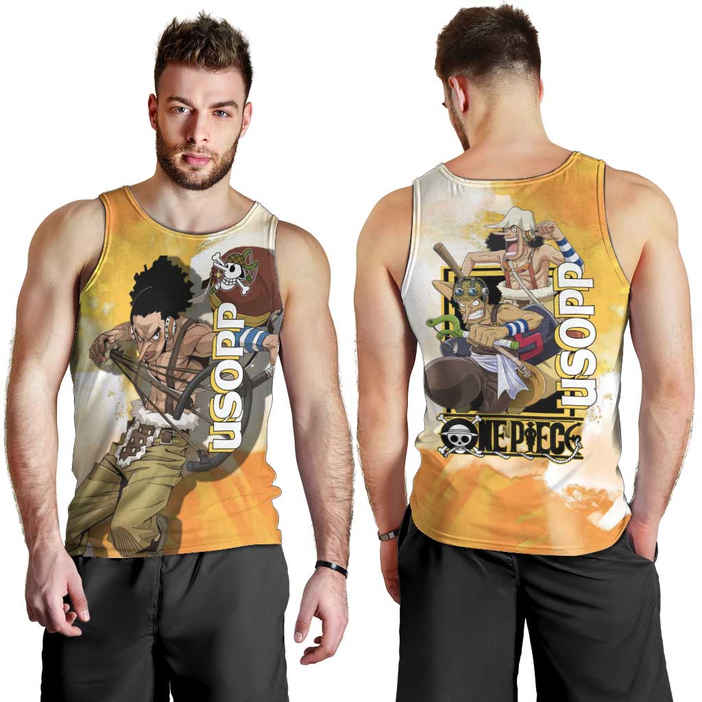 Usopp One Piece Yellow and White Theme Men Tank Top with Sniper Pose and Sogeking Mask Design - The Mazicc