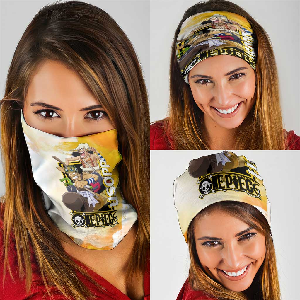 Usopp One Piece Yellow and White Theme Neck Gaiter with Sniper Pose and Sogeking Mask Design - The Mazicc