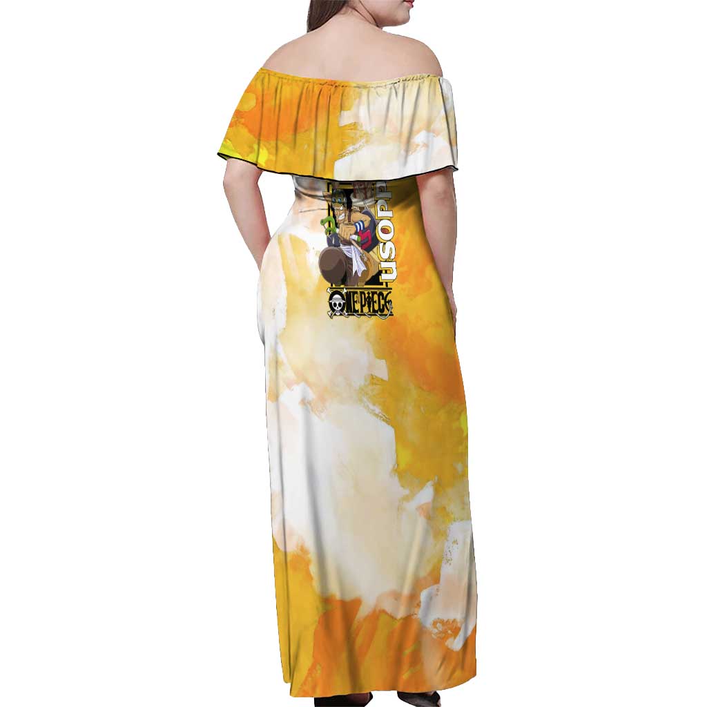 Usopp One Piece Yellow and White Theme Off Shoulder Maxi Dress with Sniper Pose and Sogeking Mask Design - The Mazicc