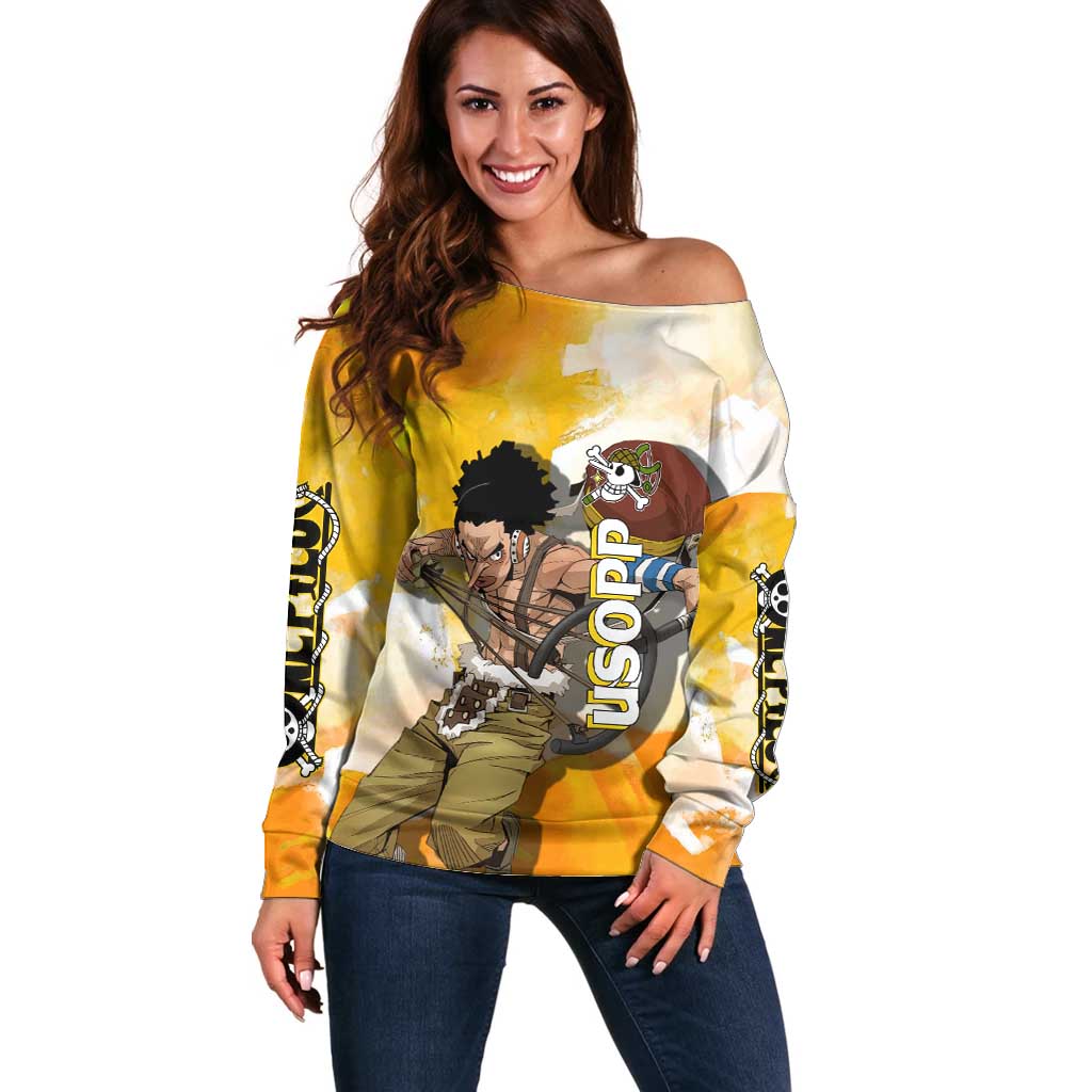 Usopp One Piece Yellow and White Theme Off Shoulder Sweater with Sniper Pose and Sogeking Mask Design - The Mazicc
