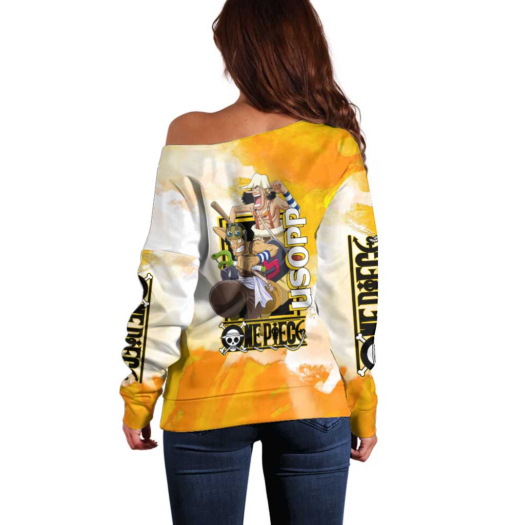 Usopp One Piece Yellow and White Theme Off Shoulder Sweater with Sniper Pose and Sogeking Mask Design - The Mazicc