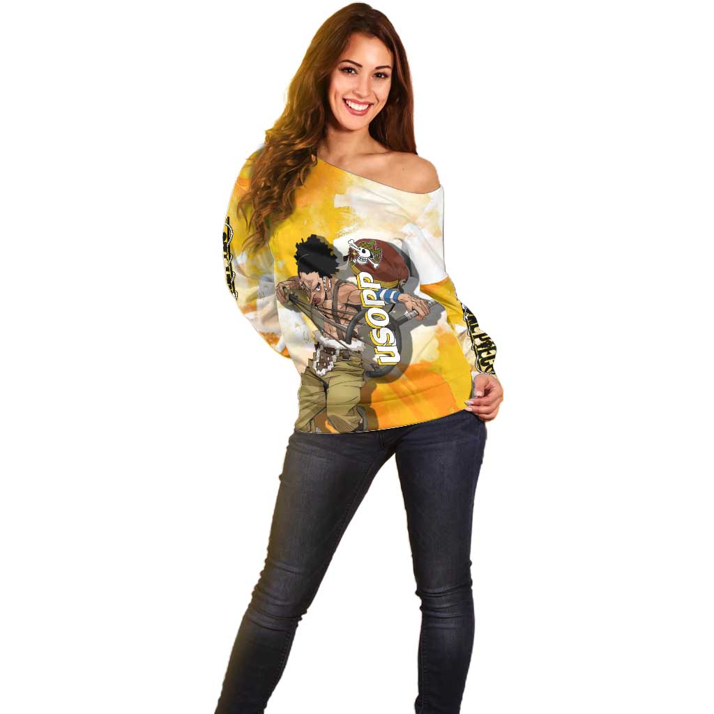 Usopp One Piece Yellow and White Theme Off Shoulder Sweater with Sniper Pose and Sogeking Mask Design - The Mazicc