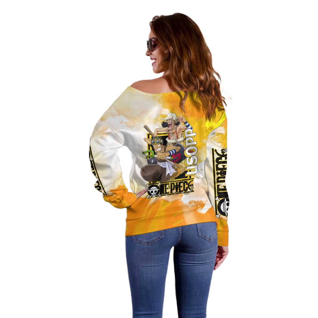 Usopp One Piece Yellow and White Theme Off Shoulder Sweater with Sniper Pose and Sogeking Mask Design - The Mazicc