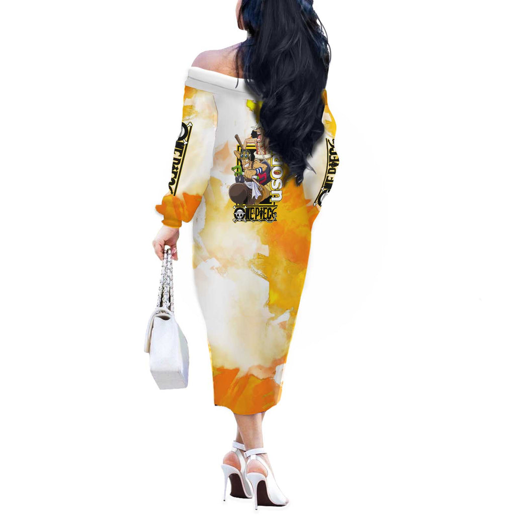 Usopp One Piece Yellow and White Theme Off The Shoulder Long Sleeve Dress with Sniper Pose and Sogeking Mask Design - The Mazicc