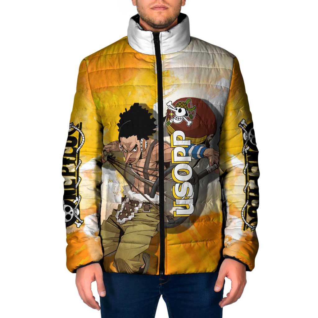 Usopp One Piece Yellow and White Theme Padded Jacket with Sniper Pose and Sogeking Mask Design - The Mazicc