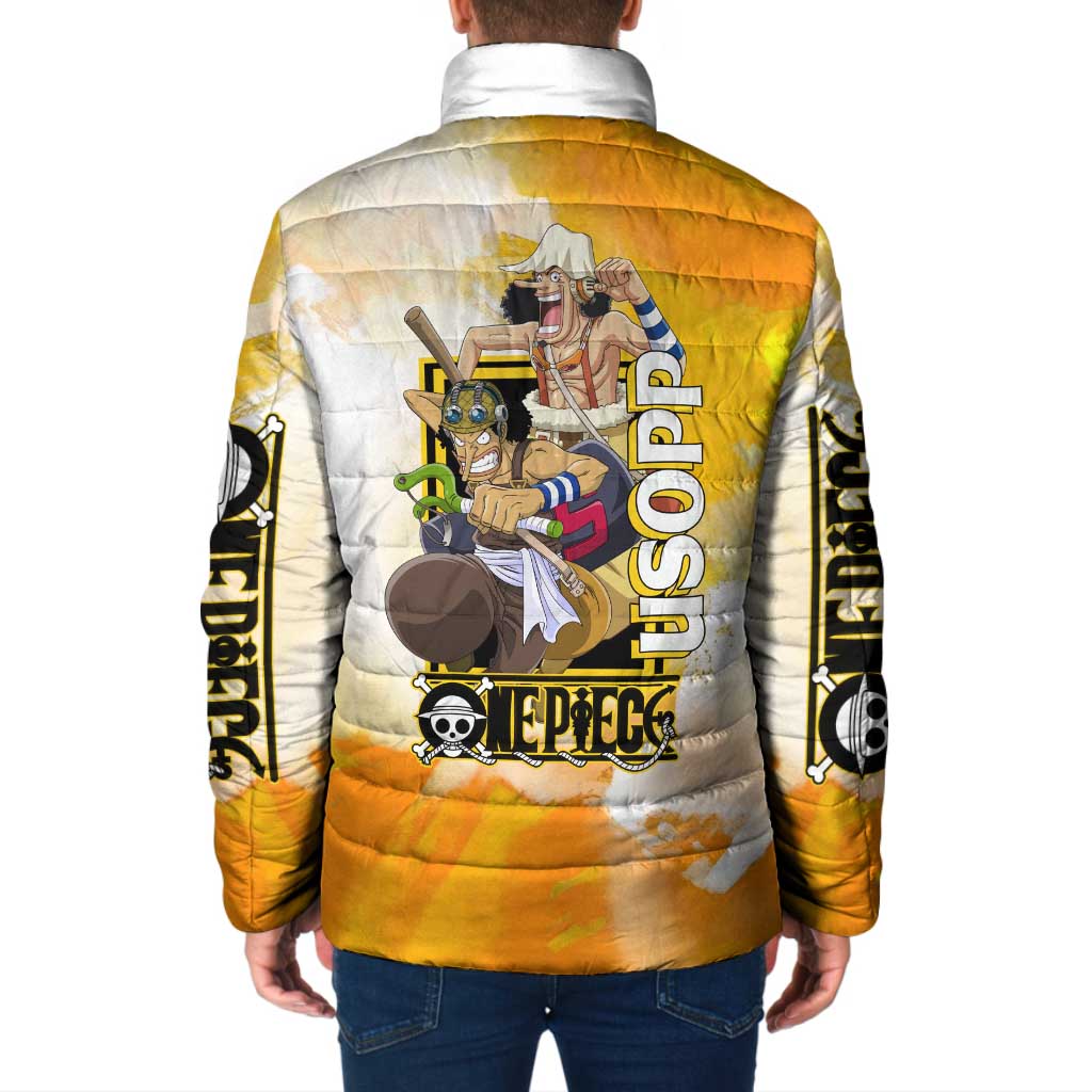 Usopp One Piece Yellow and White Theme Padded Jacket with Sniper Pose and Sogeking Mask Design - The Mazicc