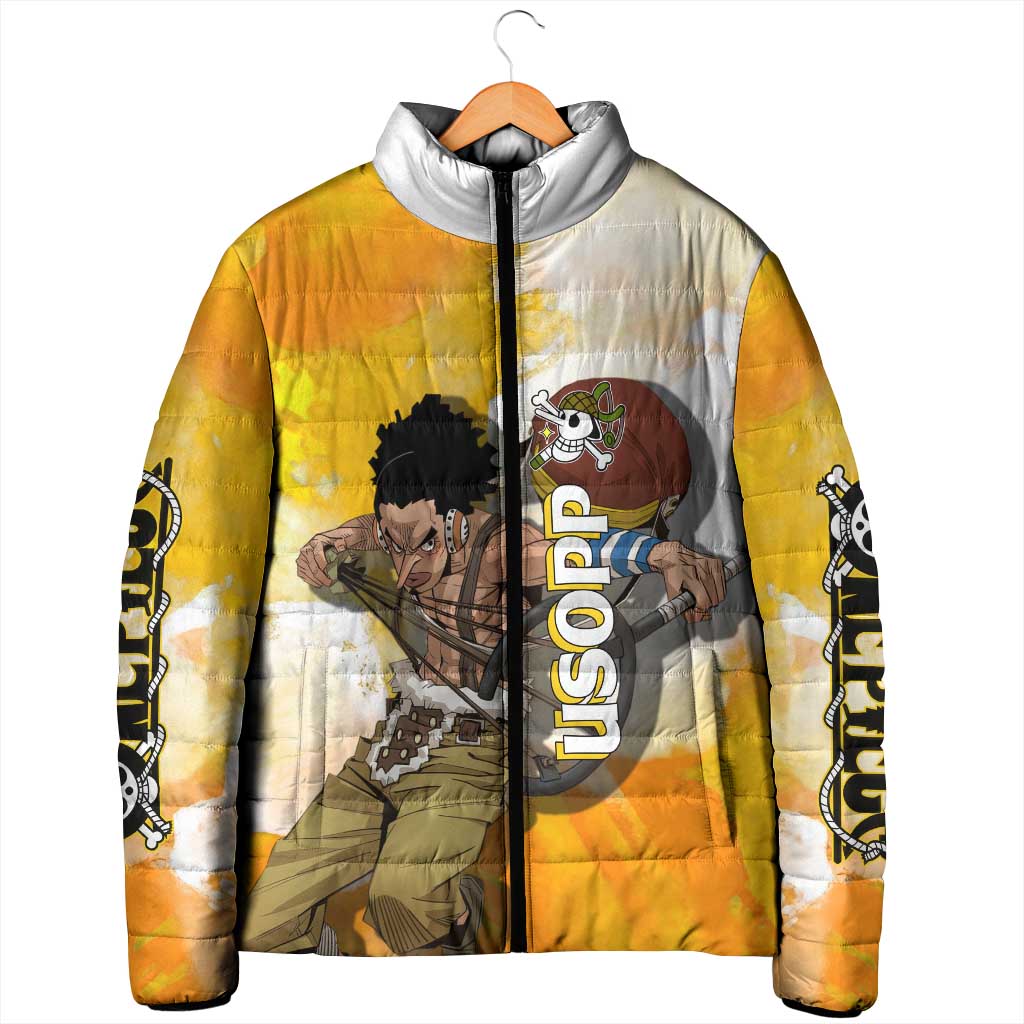 Usopp One Piece Yellow and White Theme Padded Jacket with Sniper Pose and Sogeking Mask Design - The Mazicc
