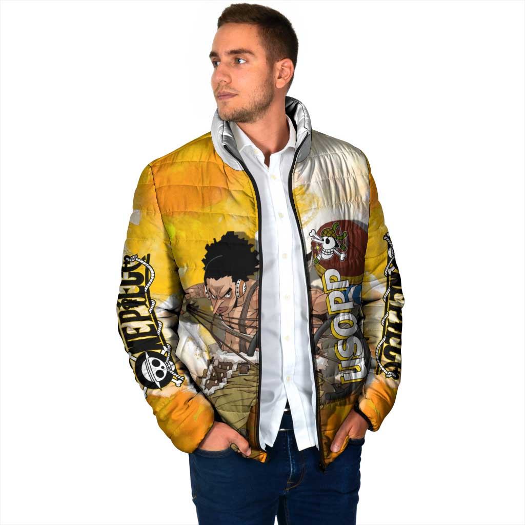 Usopp One Piece Yellow and White Theme Padded Jacket with Sniper Pose and Sogeking Mask Design - The Mazicc