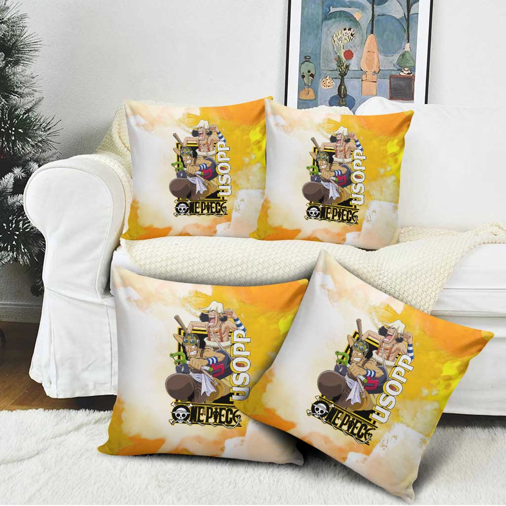 Usopp One Piece Yellow and White Theme Pillow Cover with Sniper Pose and Sogeking Mask Design - The Mazicc