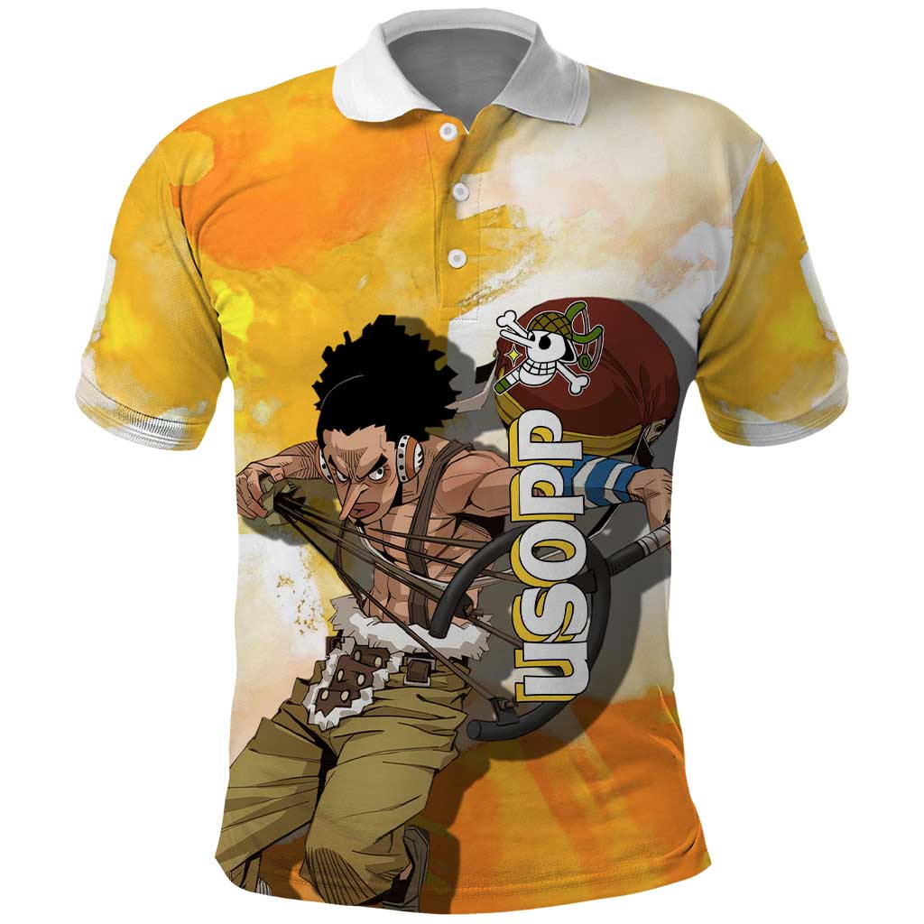 Usopp One Piece Yellow and White Theme Polo Shirt with Sniper Pose and Sogeking Mask Design - The Mazicc