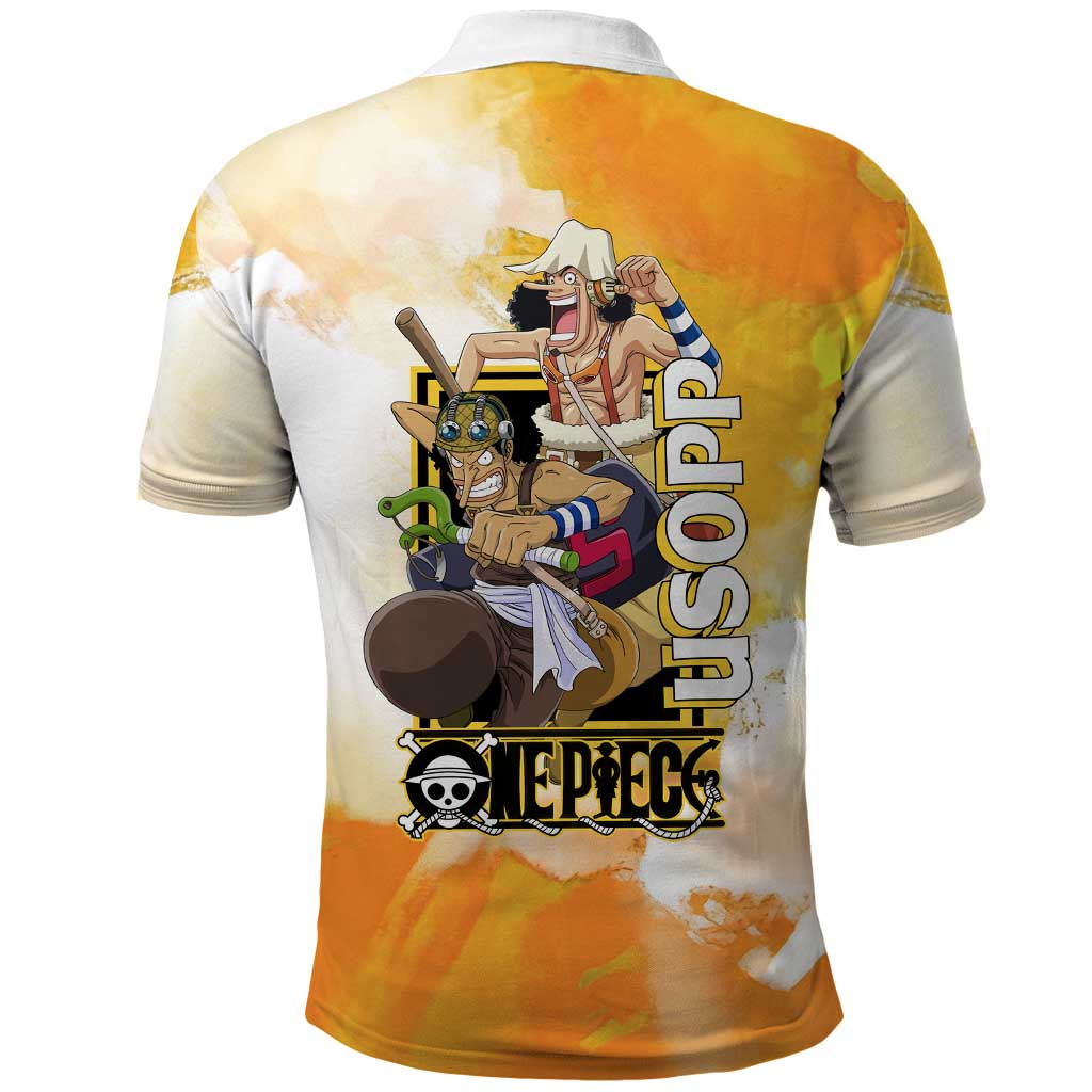 Usopp One Piece Yellow and White Theme Polo Shirt with Sniper Pose and Sogeking Mask Design - The Mazicc