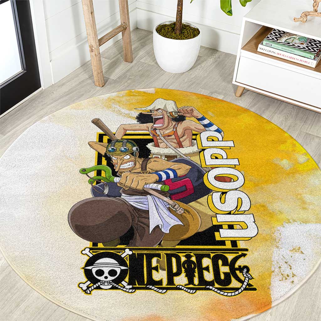 Usopp One Piece Yellow and White Theme Round Carpet with Sniper Pose and Sogeking Mask Design - The Mazicc