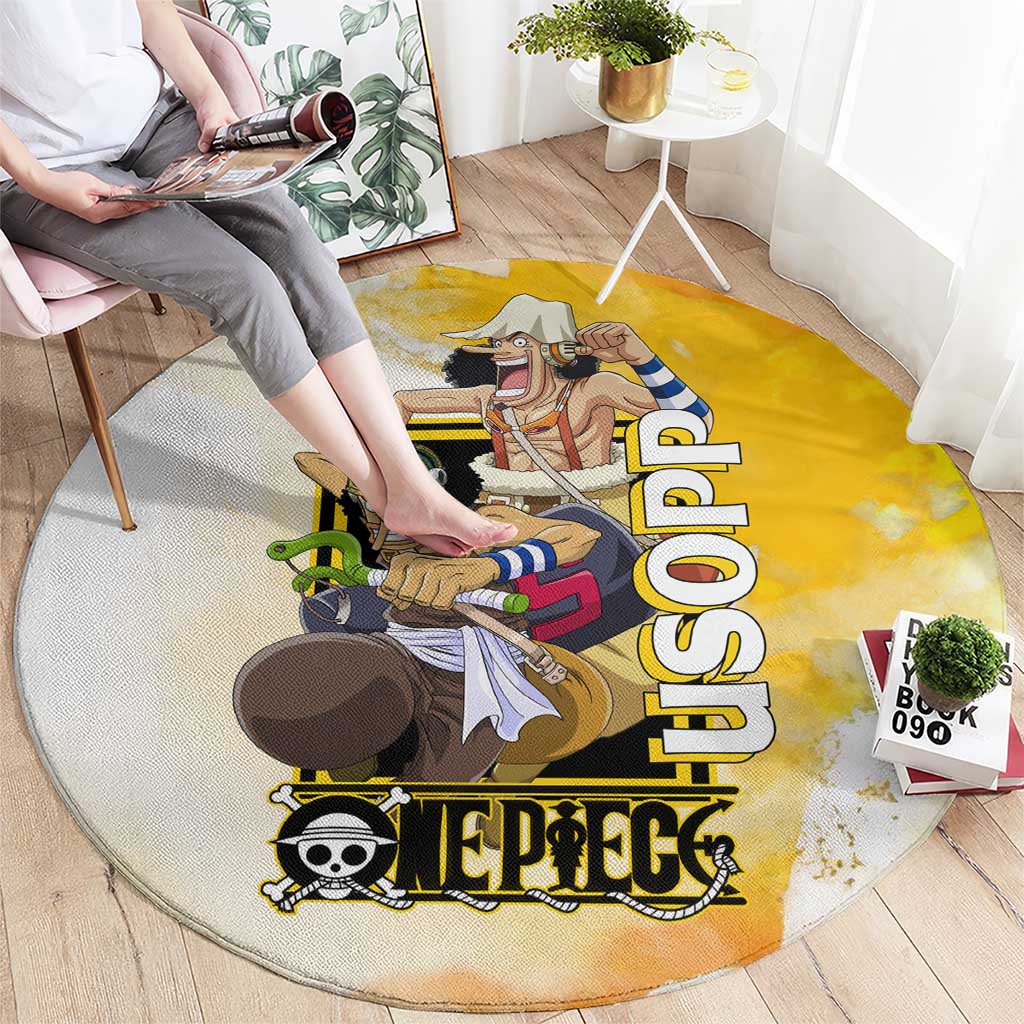 Usopp One Piece Yellow and White Theme Round Carpet with Sniper Pose and Sogeking Mask Design - The Mazicc