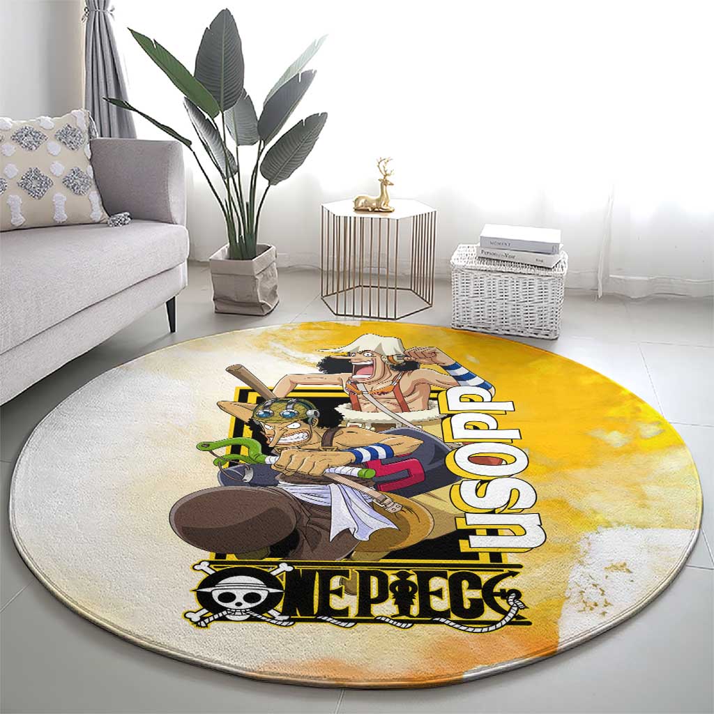 Usopp One Piece Yellow and White Theme Round Carpet with Sniper Pose and Sogeking Mask Design - The Mazicc