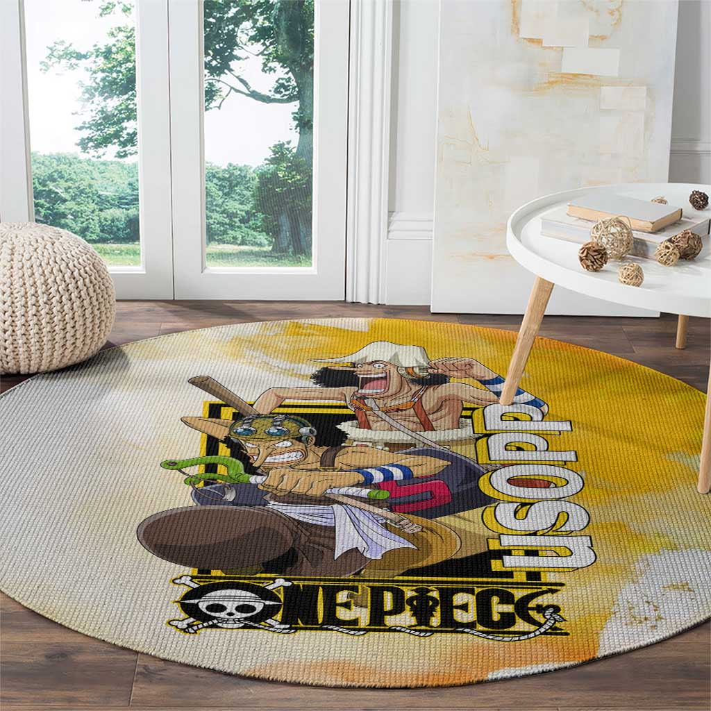 Usopp One Piece Yellow and White Theme Round Carpet with Sniper Pose and Sogeking Mask Design - The Mazicc