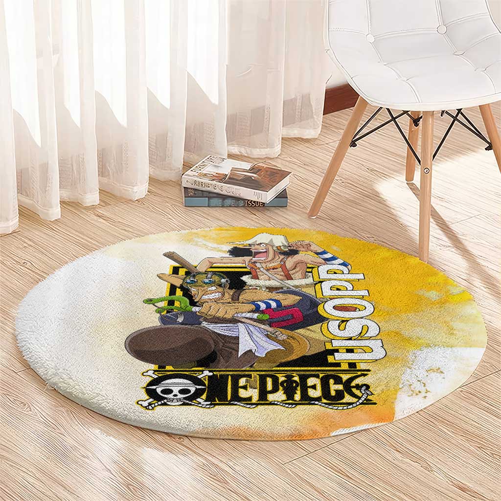 Usopp One Piece Yellow and White Theme Round Carpet with Sniper Pose and Sogeking Mask Design - The Mazicc