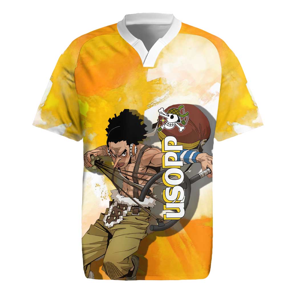 Usopp One Piece Yellow and White Theme Rugby Jersey with Sniper Pose and Sogeking Mask Design - The Mazicc