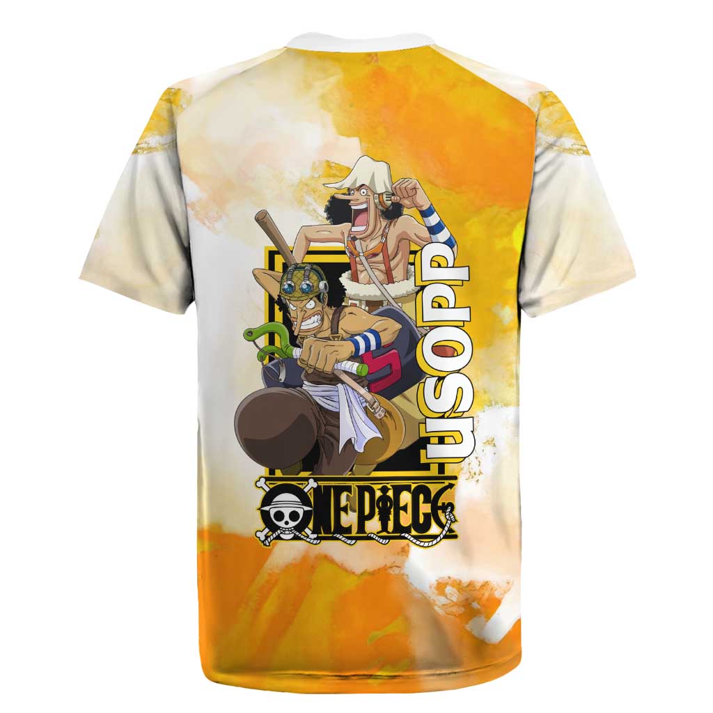 Usopp One Piece Yellow and White Theme Rugby Jersey with Sniper Pose and Sogeking Mask Design - The Mazicc