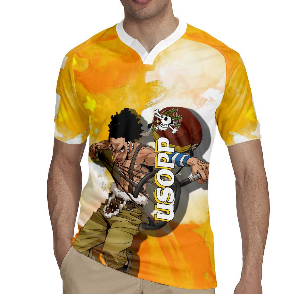 Usopp One Piece Yellow and White Theme Rugby Jersey with Sniper Pose and Sogeking Mask Design - The Mazicc