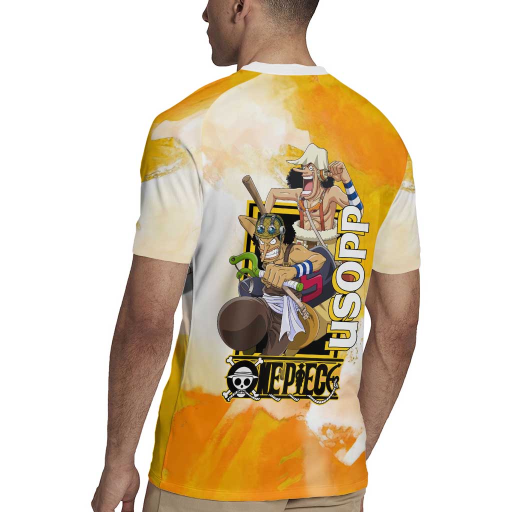 Usopp One Piece Yellow and White Theme Rugby Jersey with Sniper Pose and Sogeking Mask Design - The Mazicc