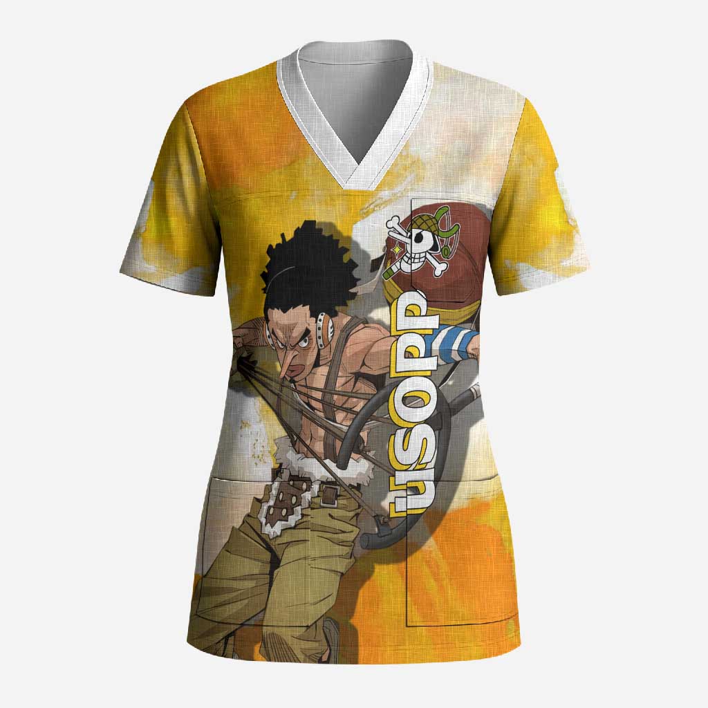 Usopp One Piece Yellow and White Theme Scrub Top with Sniper Pose and Sogeking Mask Design - The Mazicc