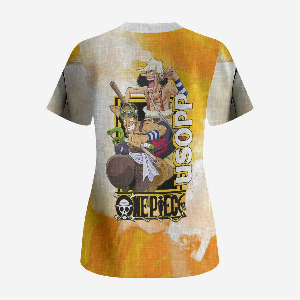 Usopp One Piece Yellow and White Theme Scrub Top with Sniper Pose and Sogeking Mask Design - The Mazicc