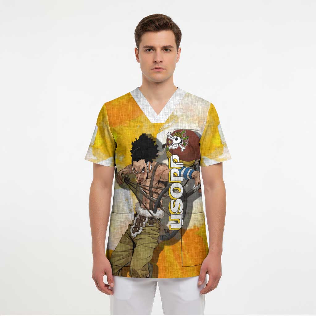 Usopp One Piece Yellow and White Theme Scrub Top with Sniper Pose and Sogeking Mask Design - The Mazicc
