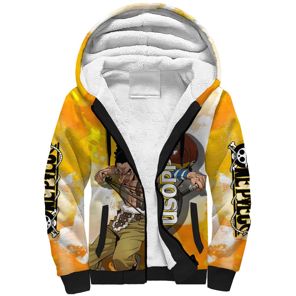 Usopp One Piece Yellow and White Theme Sherpa Hoodie with Sniper Pose and Sogeking Mask Design - The Mazicc