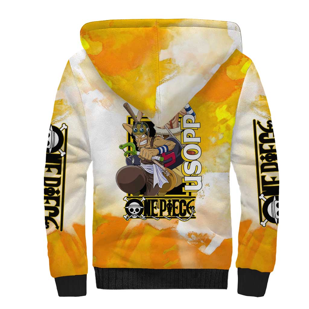 Usopp One Piece Yellow and White Theme Sherpa Hoodie with Sniper Pose and Sogeking Mask Design - The Mazicc