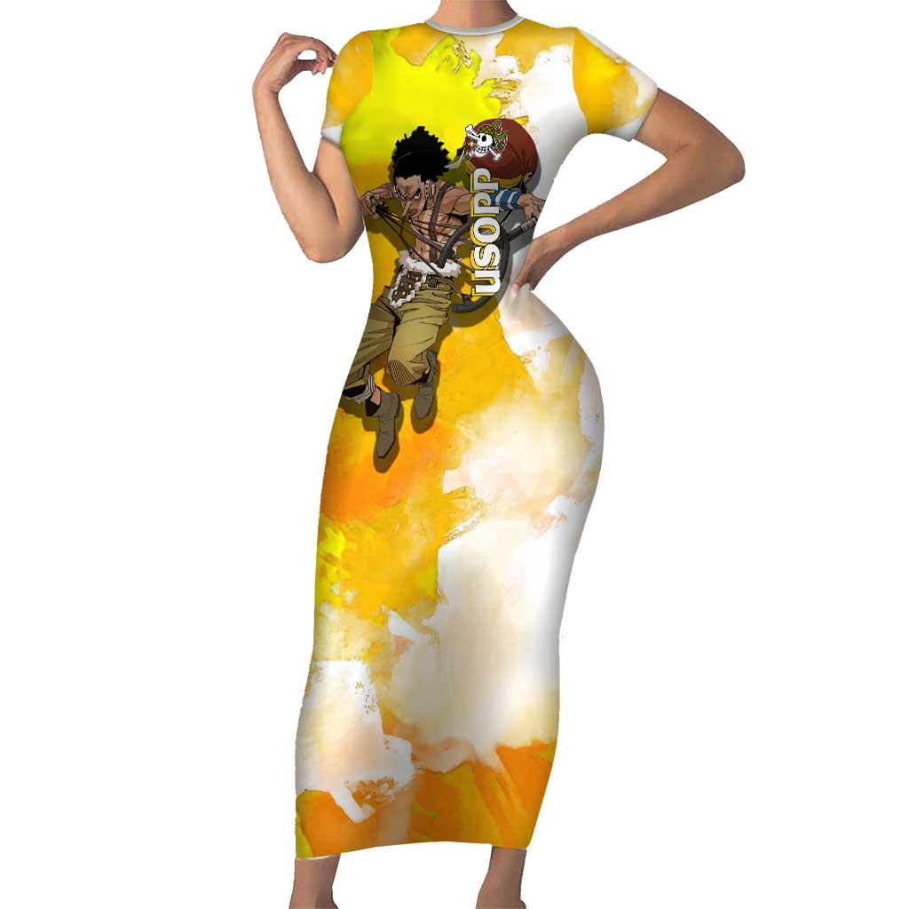 Usopp One Piece Yellow and White Theme Short Sleeve Bodycon Dress with Sniper Pose and Sogeking Mask Design - The Mazicc