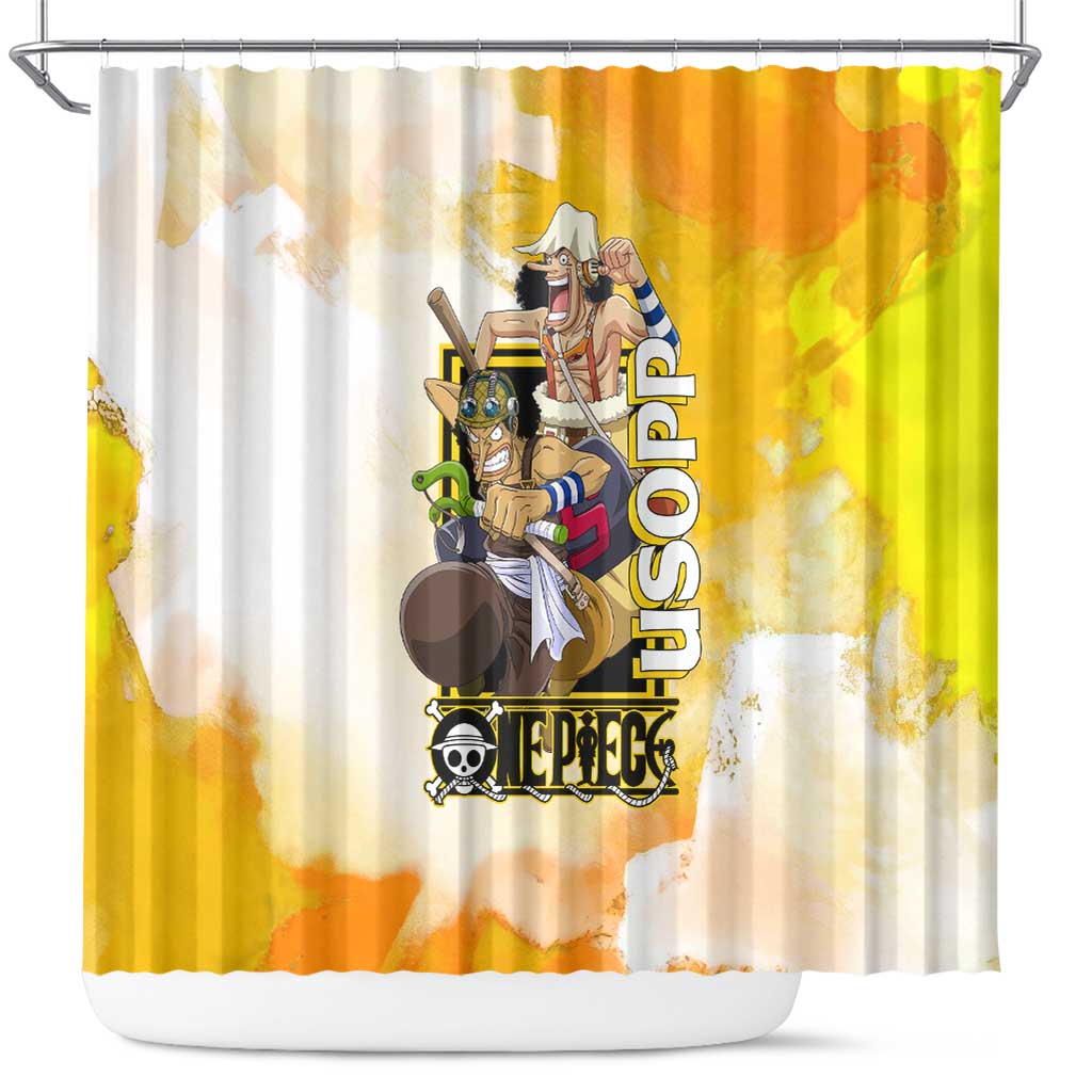 Usopp One Piece Yellow and White Theme Shower Curtain with Sniper Pose and Sogeking Mask Design - The Mazicc