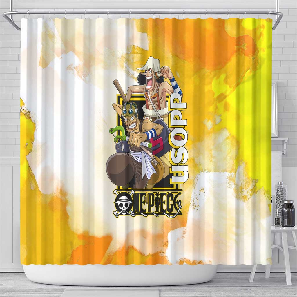 Usopp One Piece Yellow and White Theme Shower Curtain with Sniper Pose and Sogeking Mask Design - The Mazicc