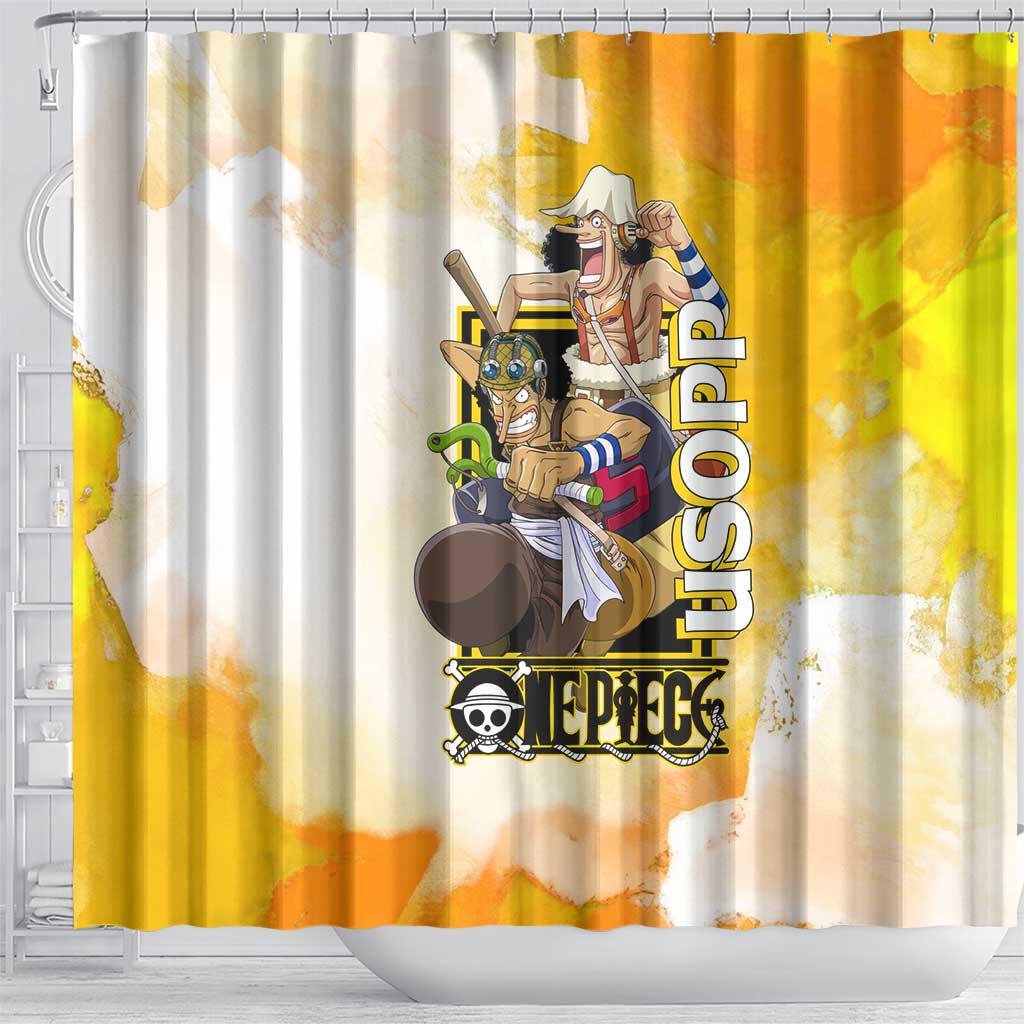 Usopp One Piece Yellow and White Theme Shower Curtain with Sniper Pose and Sogeking Mask Design - The Mazicc