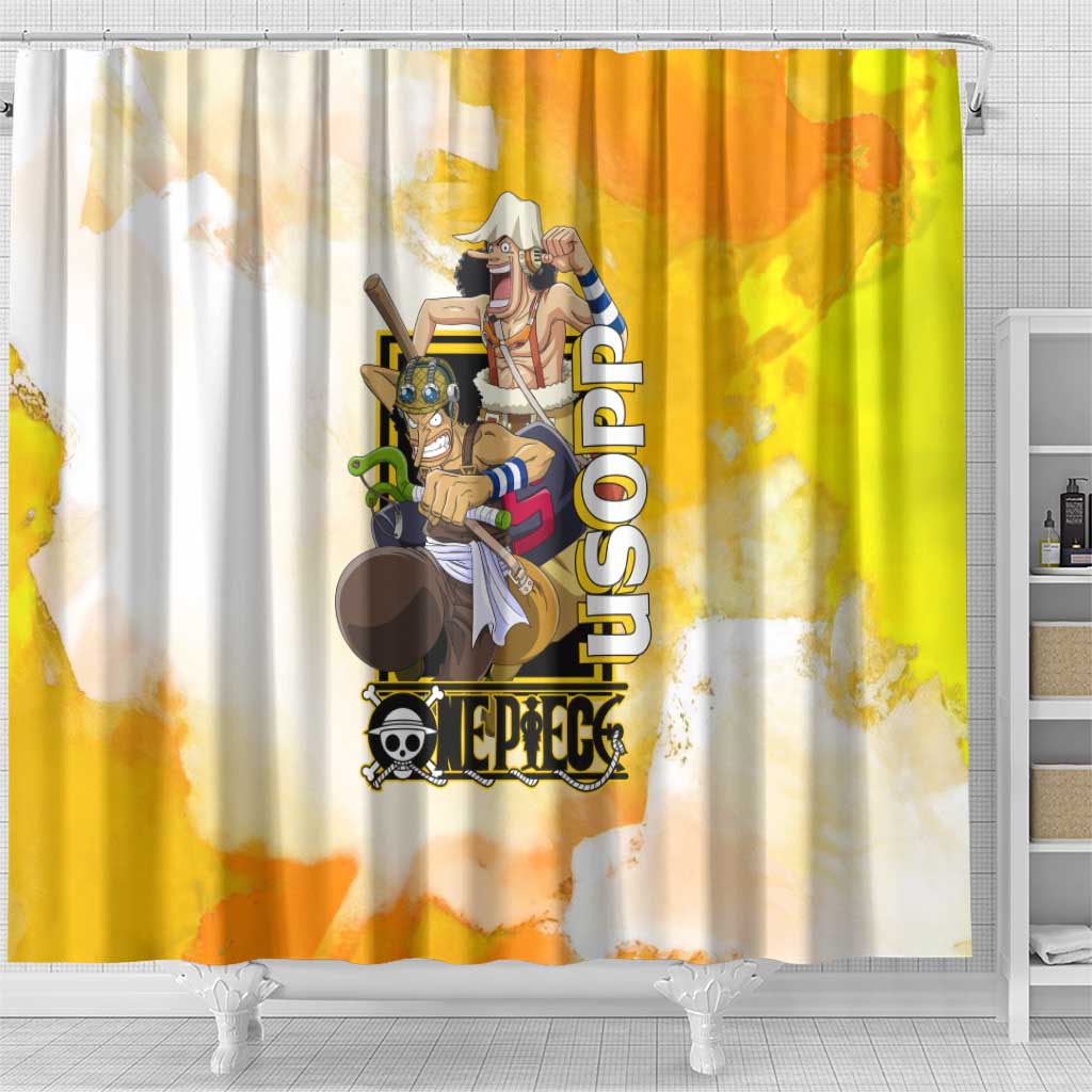 Usopp One Piece Yellow and White Theme Shower Curtain with Sniper Pose and Sogeking Mask Design - The Mazicc