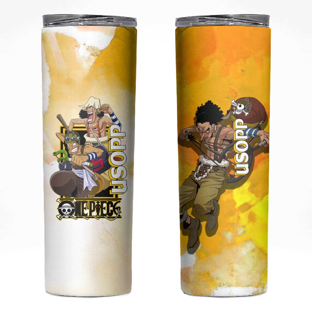 Usopp One Piece Yellow and White Theme Skinny Tumbler with Sniper Pose and Sogeking Mask Design - The Mazicc
