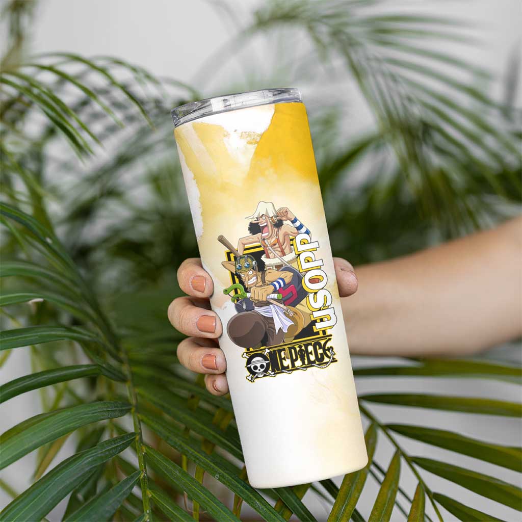 Usopp One Piece Yellow and White Theme Skinny Tumbler with Sniper Pose and Sogeking Mask Design - The Mazicc