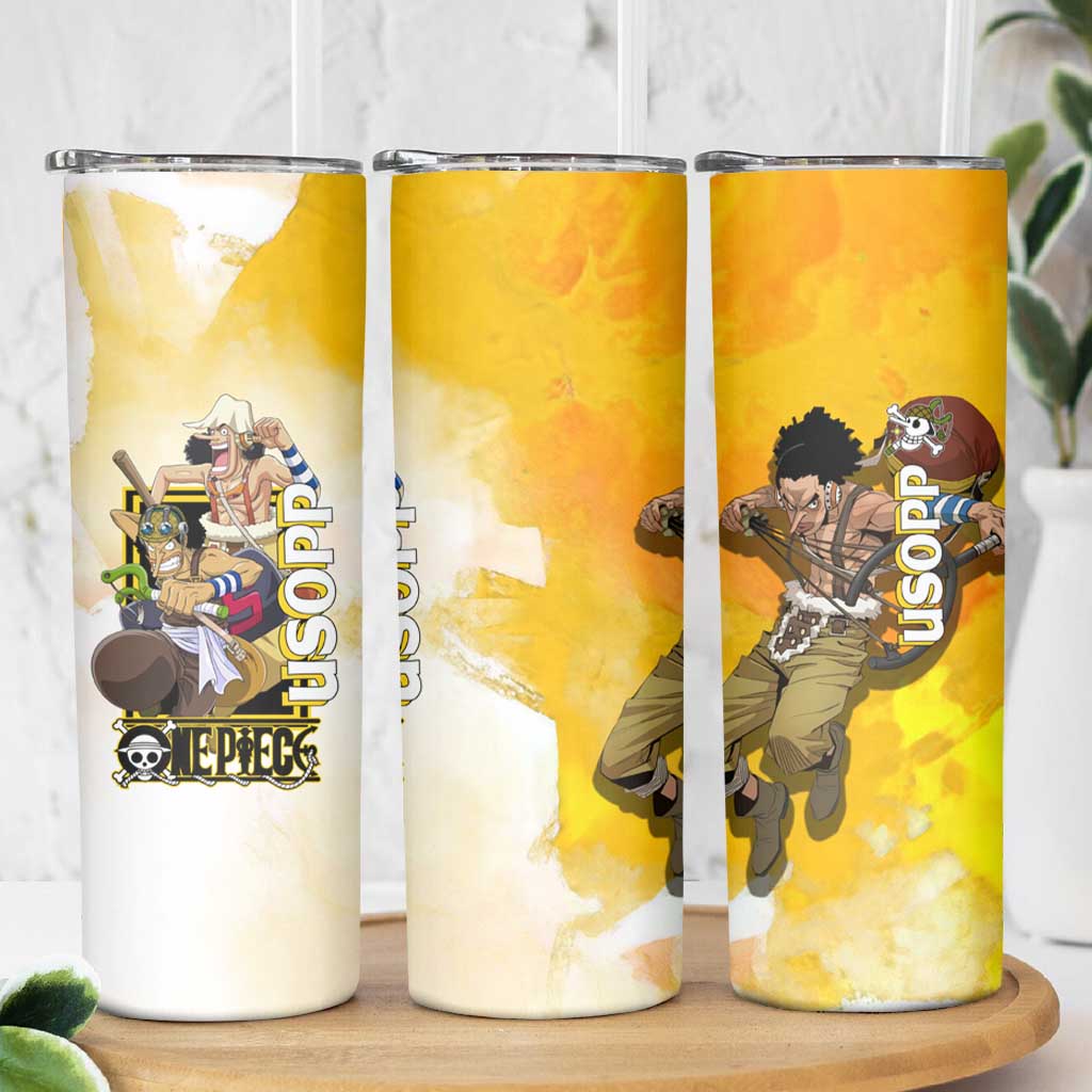 Usopp One Piece Yellow and White Theme Skinny Tumbler with Sniper Pose and Sogeking Mask Design - The Mazicc