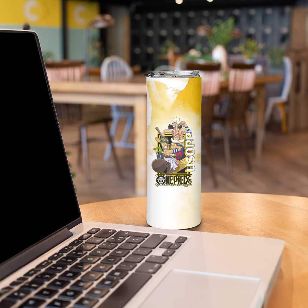 Usopp One Piece Yellow and White Theme Skinny Tumbler with Sniper Pose and Sogeking Mask Design - The Mazicc