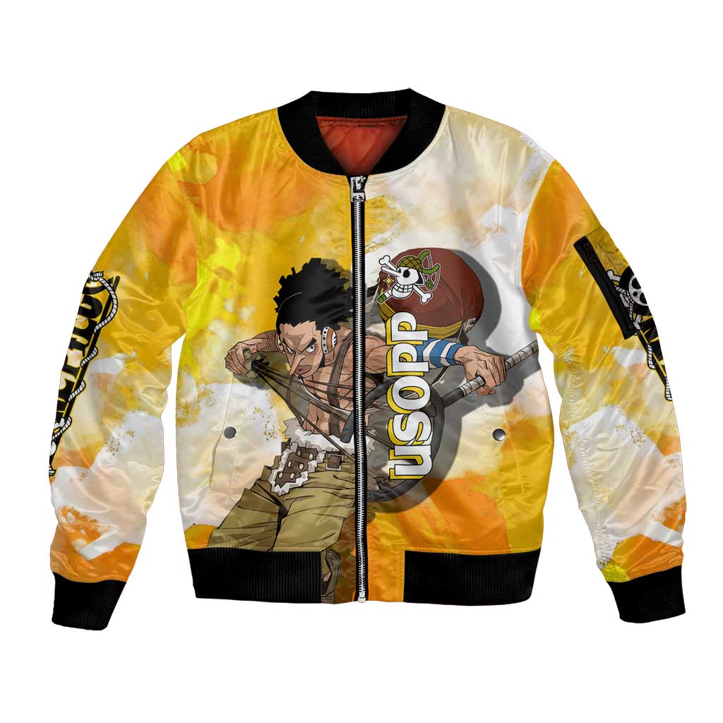 Usopp One Piece Yellow and White Theme Sleeve Zip Bomber Jacket with Sniper Pose and Sogeking Mask Design - The Mazicc