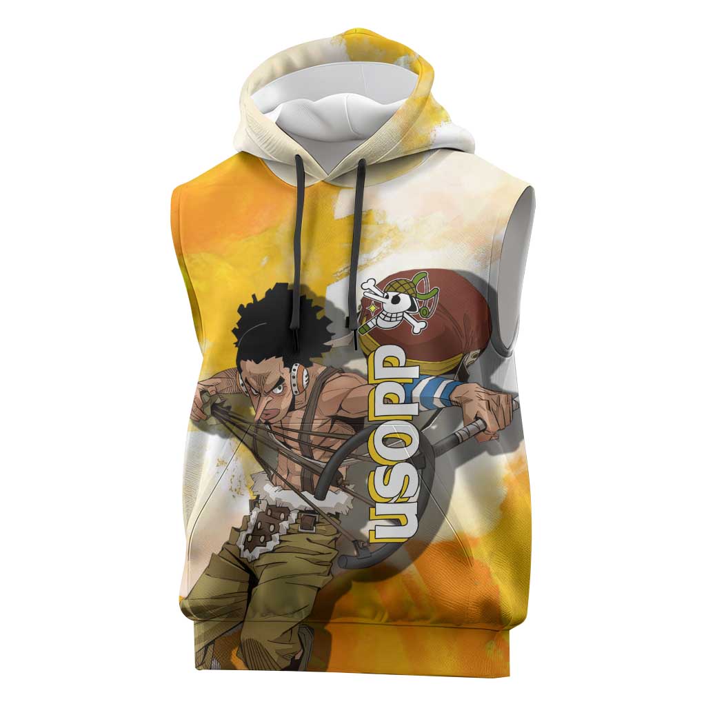 Usopp One Piece Yellow and White Theme Sleeveless Hoodie with Sniper Pose and Sogeking Mask Design - The Mazicc