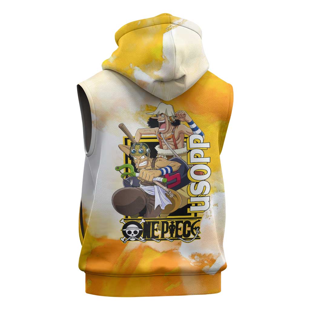Usopp One Piece Yellow and White Theme Sleeveless Hoodie with Sniper Pose and Sogeking Mask Design - The Mazicc