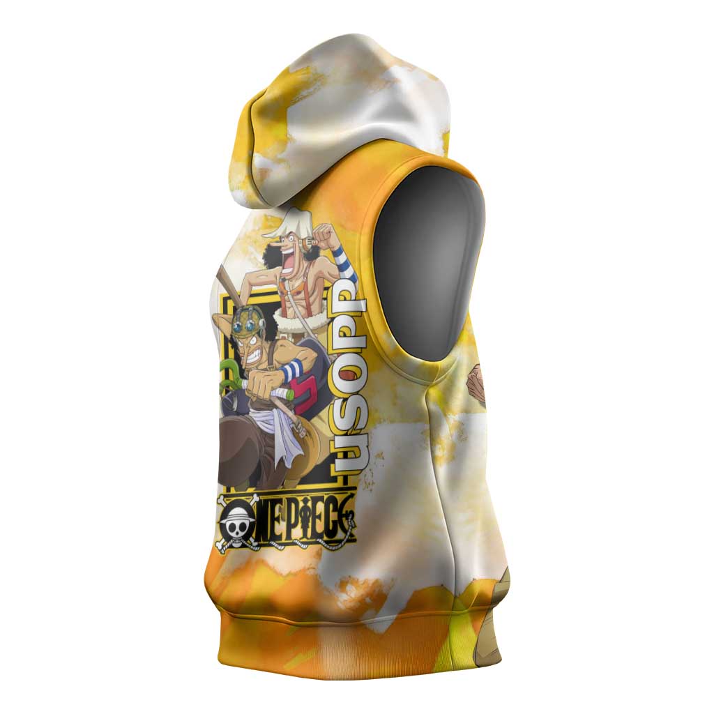 Usopp One Piece Yellow and White Theme Sleeveless Hoodie with Sniper Pose and Sogeking Mask Design - The Mazicc