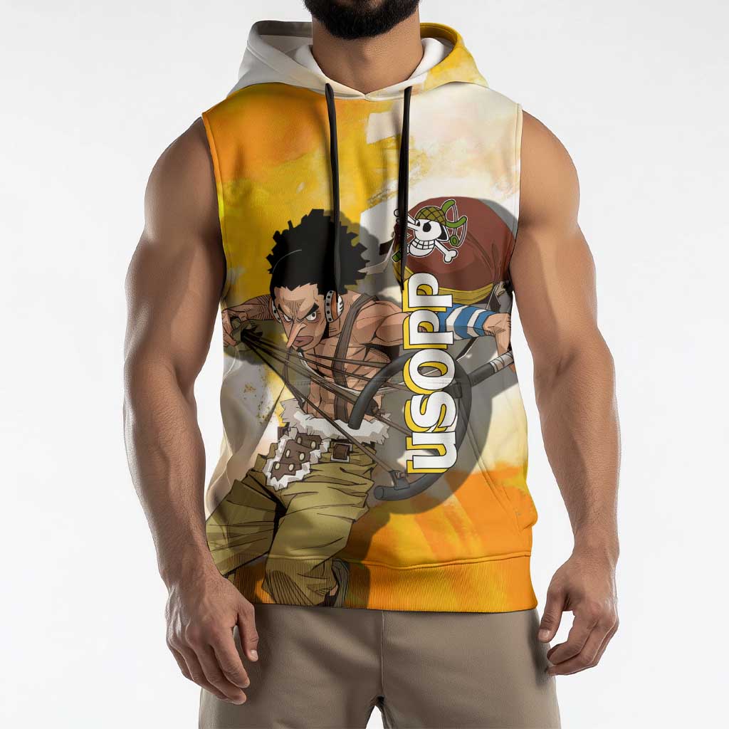 Usopp One Piece Yellow and White Theme Sleeveless Hoodie with Sniper Pose and Sogeking Mask Design - The Mazicc