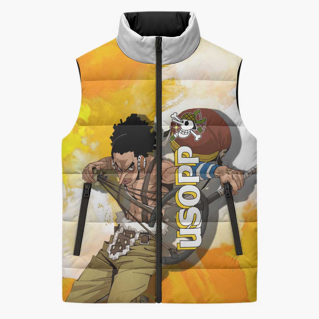 Usopp One Piece Yellow and White Theme Sleeveless Puffer Jacket with Sniper Pose and Sogeking Mask Design - The Mazicc