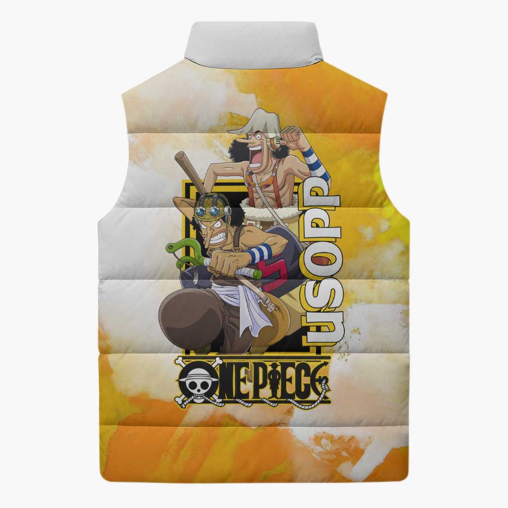 Usopp One Piece Yellow and White Theme Sleeveless Puffer Jacket with Sniper Pose and Sogeking Mask Design - The Mazicc