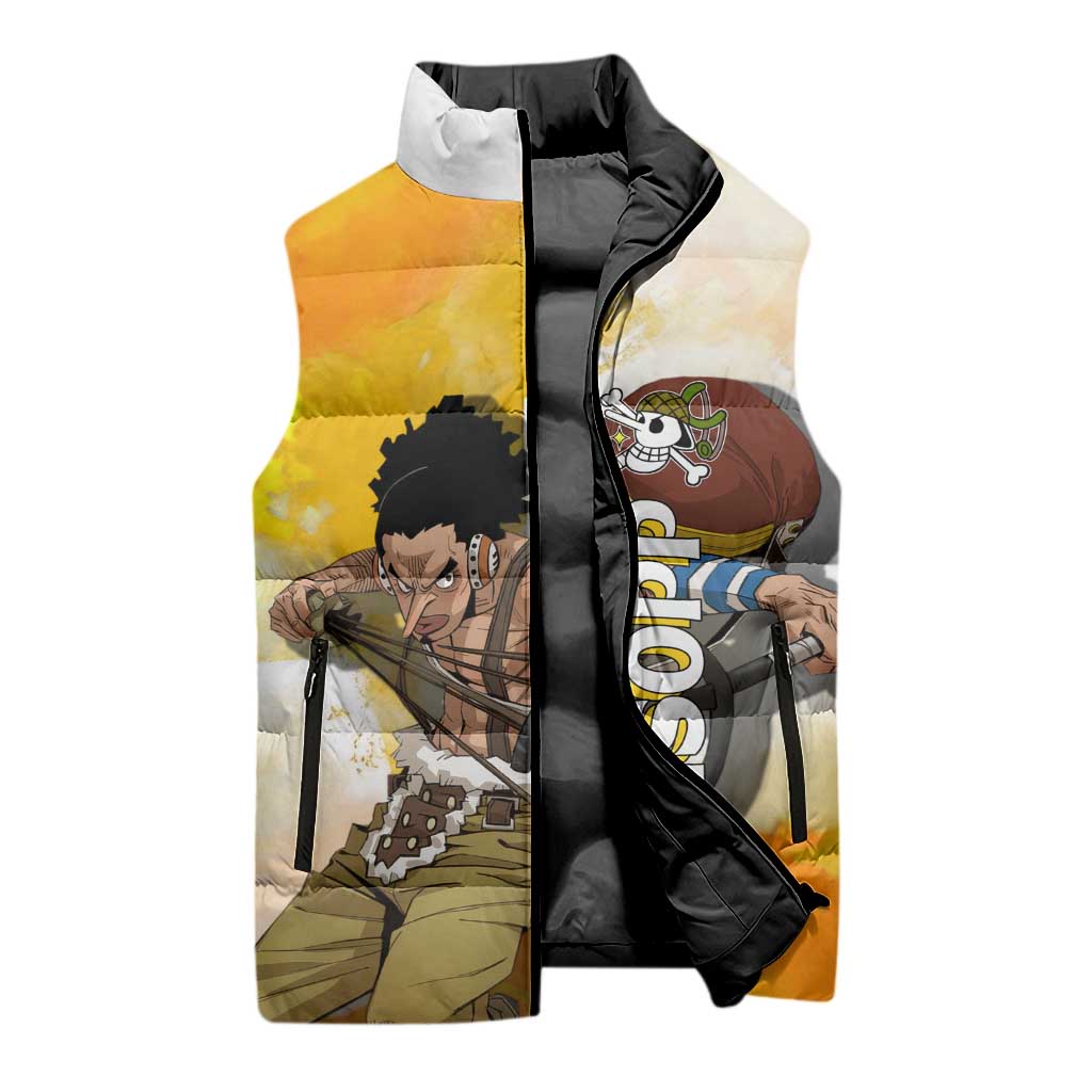 Usopp One Piece Yellow and White Theme Sleeveless Puffer Jacket with Sniper Pose and Sogeking Mask Design - The Mazicc
