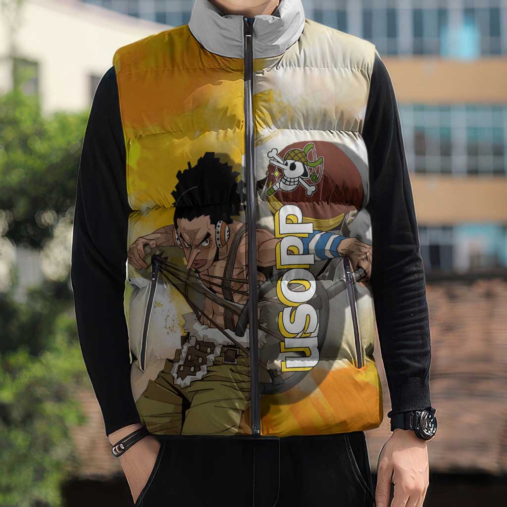 Usopp One Piece Yellow and White Theme Sleeveless Puffer Jacket with Sniper Pose and Sogeking Mask Design - The Mazicc