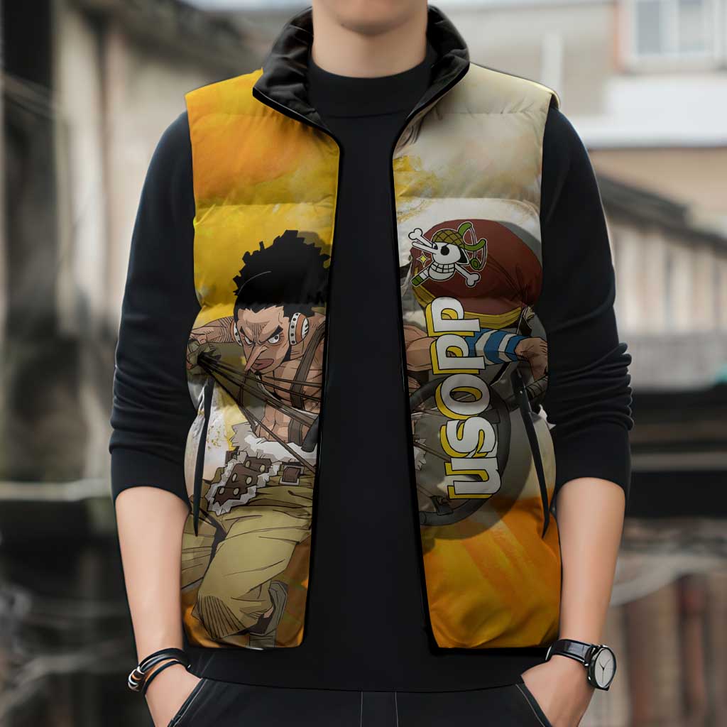 Usopp One Piece Yellow and White Theme Sleeveless Puffer Jacket with Sniper Pose and Sogeking Mask Design - The Mazicc