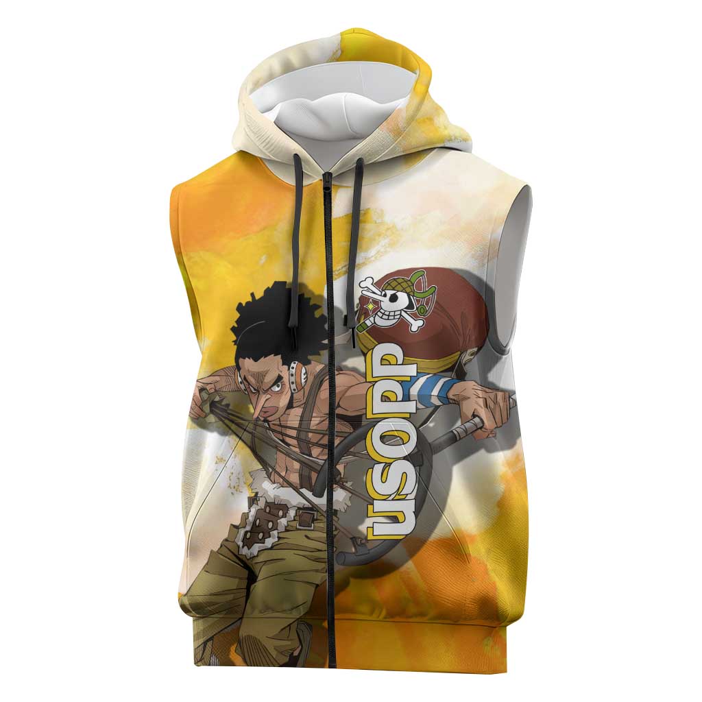 Usopp One Piece Yellow and White Theme Sleeveless Zip Hoodie with Sniper Pose and Sogeking Mask Design - The Mazicc