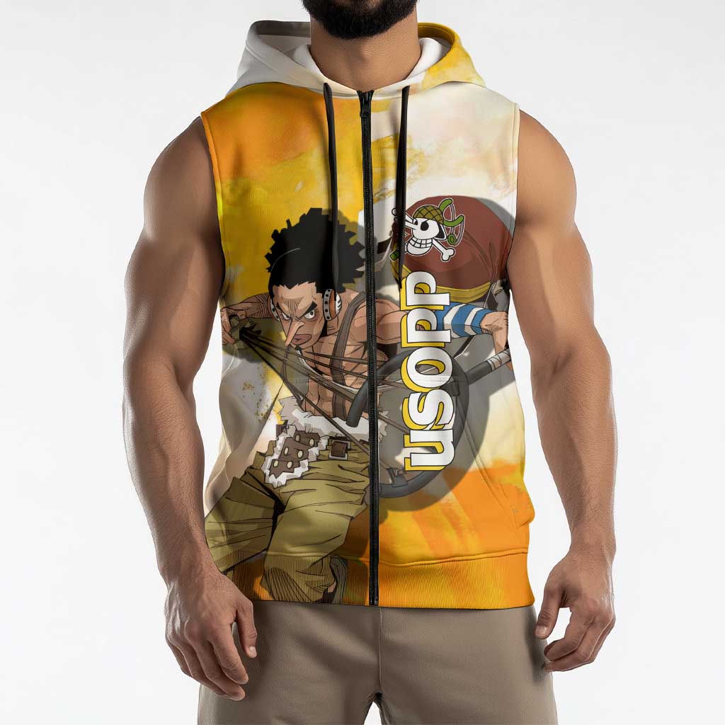 Usopp One Piece Yellow and White Theme Sleeveless Zip Hoodie with Sniper Pose and Sogeking Mask Design - The Mazicc